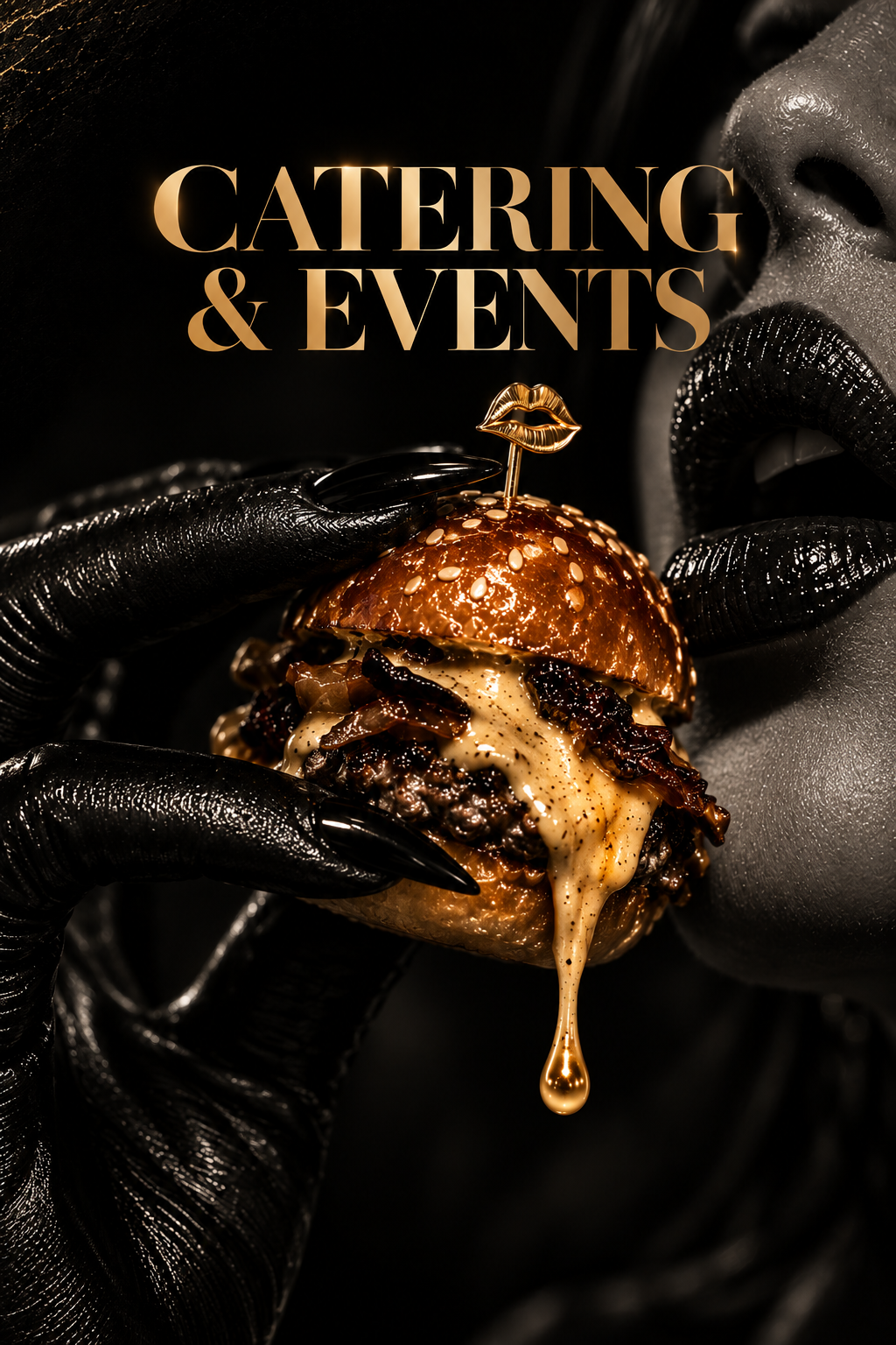 A dripping Bouche slider crowned with a gold-lip cocktail pick, held by black-gloved hands — CATERING & EVENTS