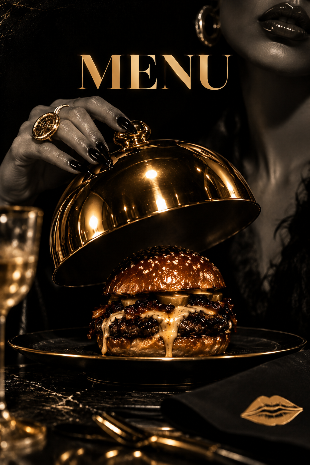 A gold cloche lifted from a signature Bouche burger, held by a woman in gold jewellery — MENU